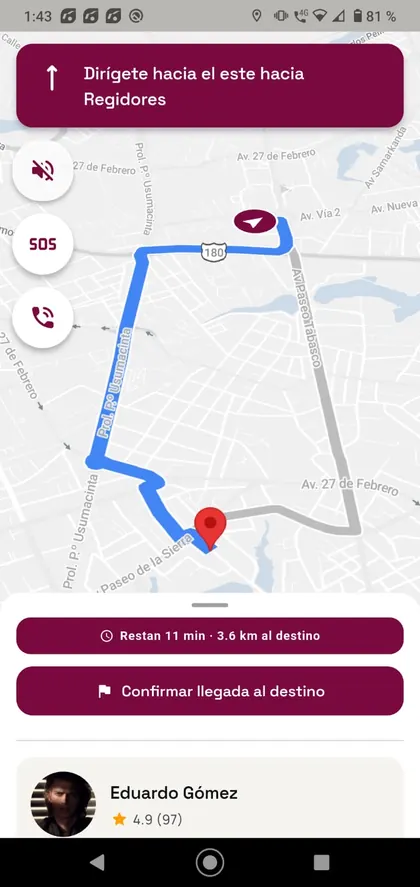 Viaje en curso desde la app Movi Conductor