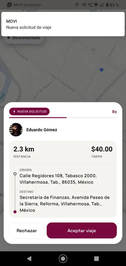 Nueva solicitud de viaje en Movi Conductor