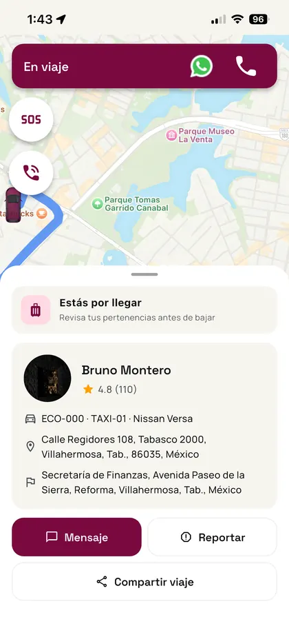 Conductor en camino en la app Movi