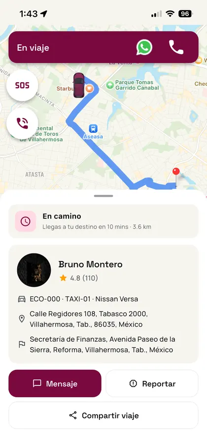 Viaje en curso en la app Movi